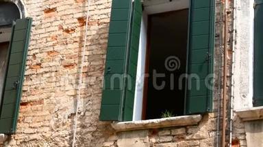 威尼斯，意大利，2017年9月7日：所谓威尼斯或意大利建筑，美丽的老式<strong>玻璃窗</strong>，<strong>绿色</strong>